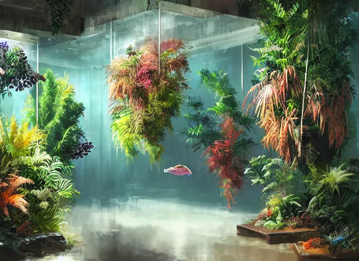 Image similar to clean neat clarity professional visual development set design, messy cozy store with hanging cages and bright aquariums, ferns and foliage, dim painterly lighting volumetric aquatics, impasto, trending on pixiv