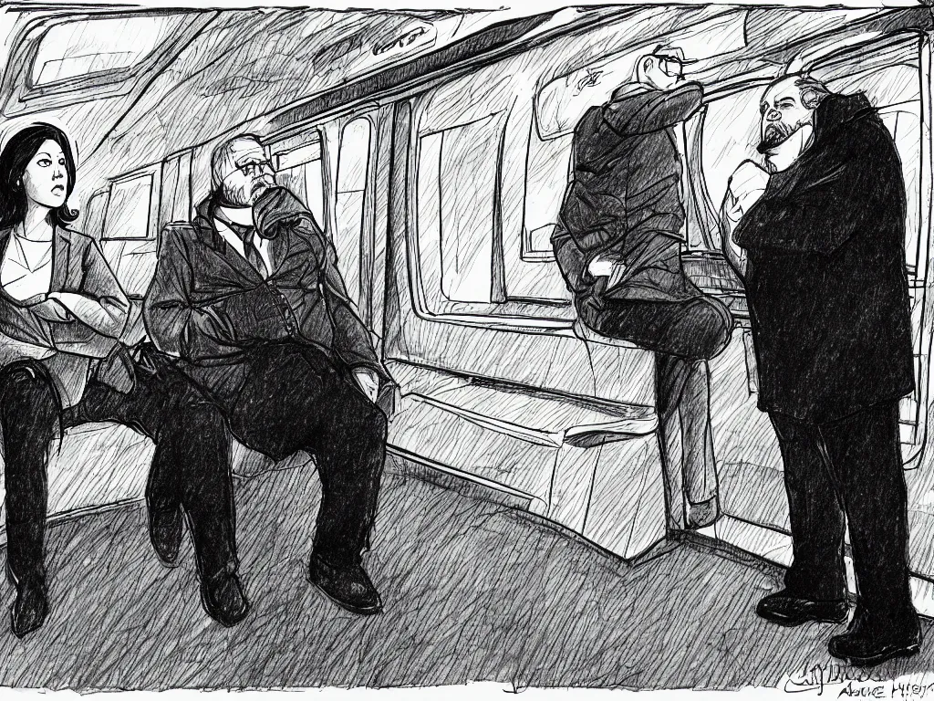 Image similar to a pen and ink drawing by Jaime Hernandez, a low angle medium shot of two people sitting in an empty Chicago subway train, in front of windows: a sad Aubrey Plaza wearing a winter coat and a man who looks like a mix of (Louis CK and Philip Seymour Hoffman) in a suit