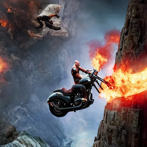 Image similar to kratos jumping a black harley - davidson motorcycle off a cliff, cinematic render, playstation studios official media, god of war 2 0 1 8, flames, centered