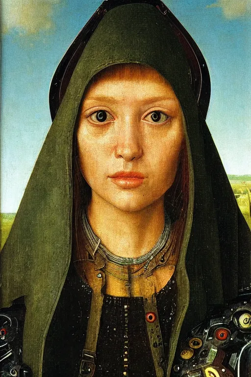 Image similar to a close - up portrait of a cyberpunk cyborg girl, by jan van eyck, rule of thirds