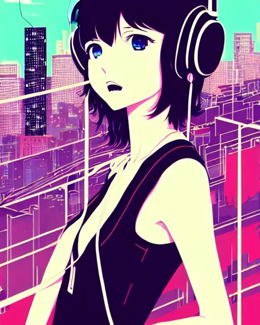 Prompt: girl wearing headphones, city background, very anime!!! anime!! intricate details, high contrast colors, poster background, art by conrad roset and ilya kuvshinov