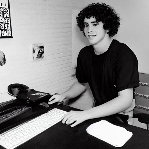 Prompt: 21 year old Jimmy John’s manager with pale skin and brown curly hair is wearing a black baseball cap and tapping a computer screen on the wall