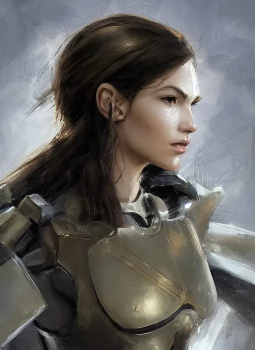 Image similar to a professional painting of a beautiful young female, clothed in military armor, olive skin, long dark hair, beautiful bone structure, symmetrical facial features, intricate, elegant, digital painting, concept art, smooth, sharp focus, illustration, from Metal Gear, by Ruan Jia and Mandy Jurgens and Artgerm and William-Adolphe Bouguerea