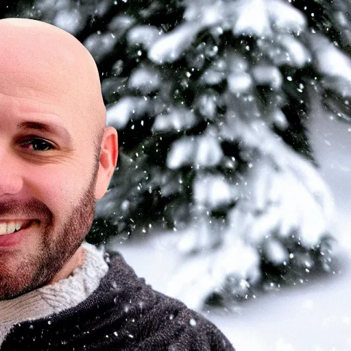 Prompt: Handsome bald white man in a snowstorm. High quality, ultra detail.