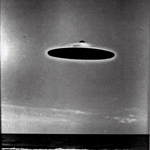 Prompt: dark photo of an ufo above the ocean, black and white, 1 9 2 0's, pictorialism