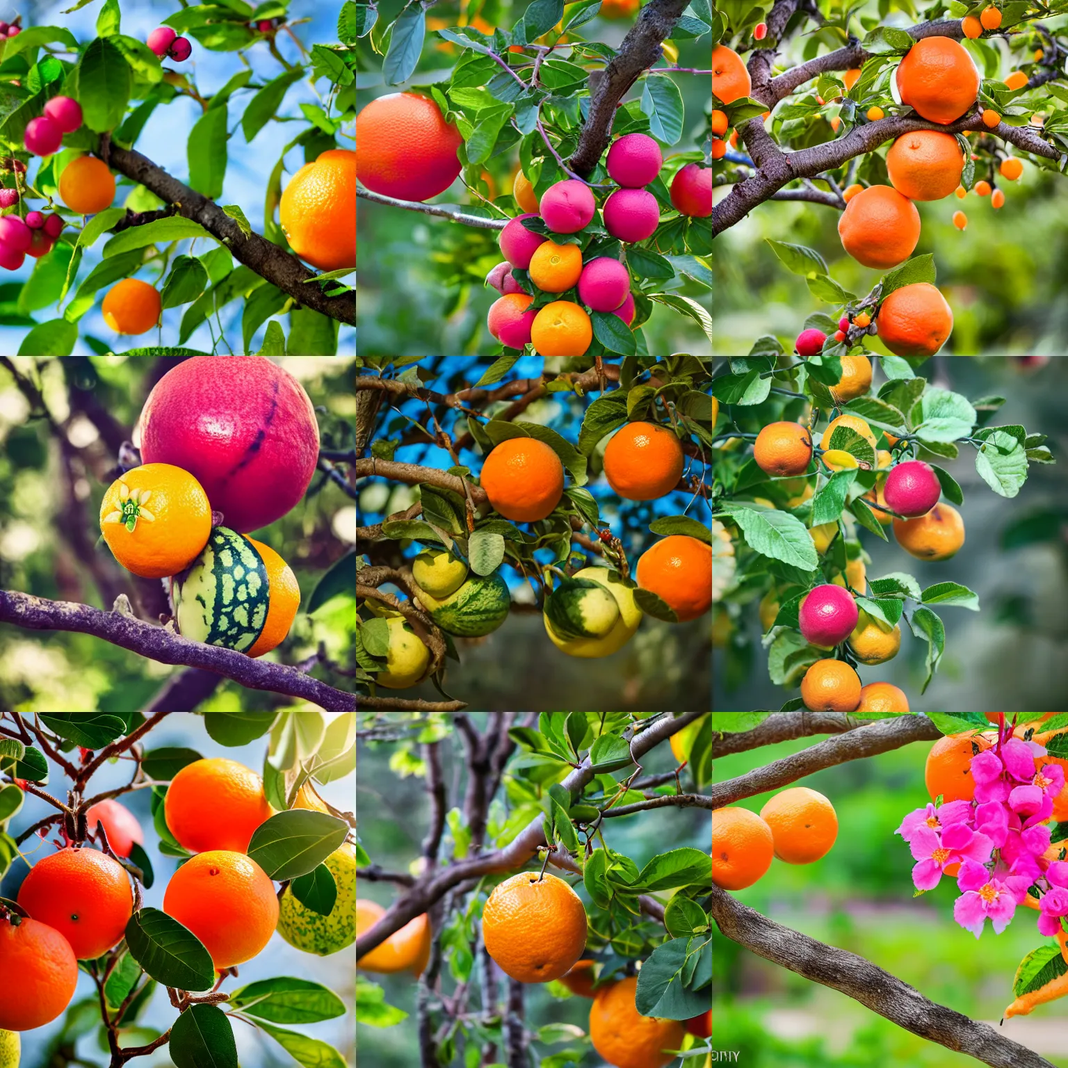 Prompt: Hybrid oranges and watermelons, fruit growing on a branch, golden flowers, high quality, a strange pink and blue bird is perched on the branch, nature photography, f2.8, 35mm lens, bokeh, depth of field.