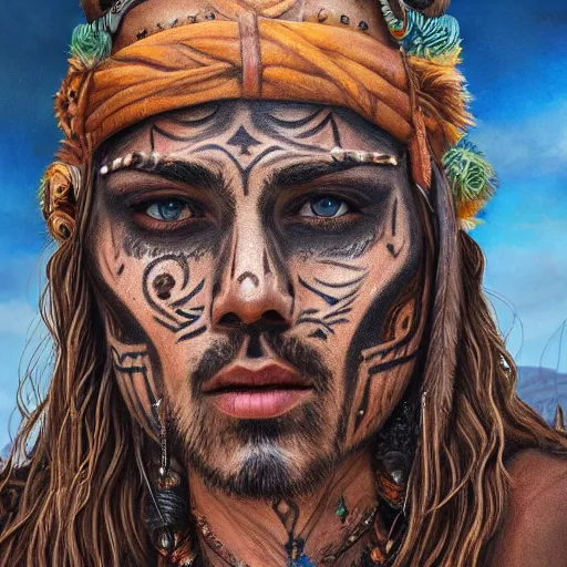 Image similar to a detailed portrait of desert warrior with face tattoos, fantasy art illustration, incredibly highly detailed and realistic, 8 k, sharp focus