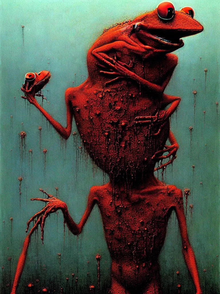 Prompt: bloody Kermit the frog megalophobia by Beksinski