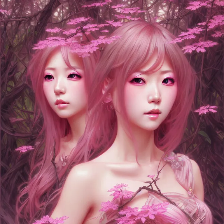 Image similar to Portrait of japanese gyaru, D&D, pink eyes, face, fantasy, intricate, elegant, in pink forest, highly detailed, digital painting, artstation, concept art, smooth, sharp focus, illustration, art by artgerm and greg rutkowski and alphonse mucha