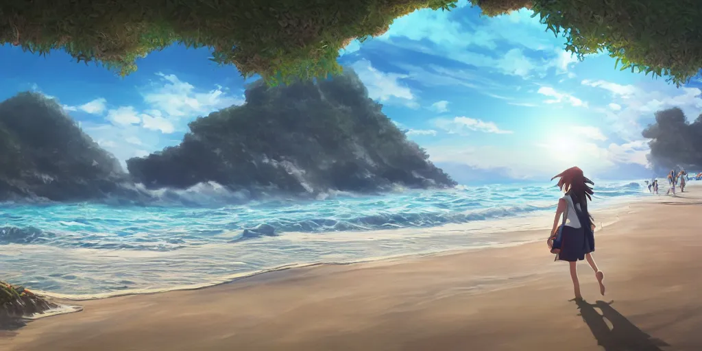 Image similar to a beach, cinematic angle, studio Ghibli, volumetric lighting, digital art, detailed oil painting, hyperrealistic, 8k