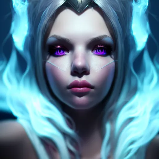 Prompt: Portrait of Lux from league of legends, anger, mystery, fear, highly detailed, ominous vibe, smoke, octane render, cgsociety, artstation, trending on ArtStation, by Marie Magny