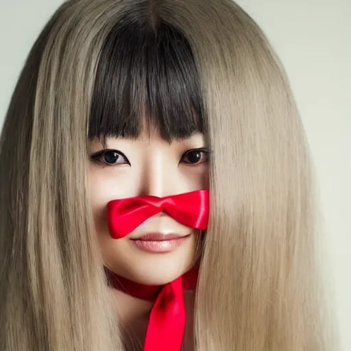 Prompt: Portrait of a japanese young lady with a long white!!!!!!! long white hair (and a red ribbon), Rim Lighting, Lantern, Award Winning photo