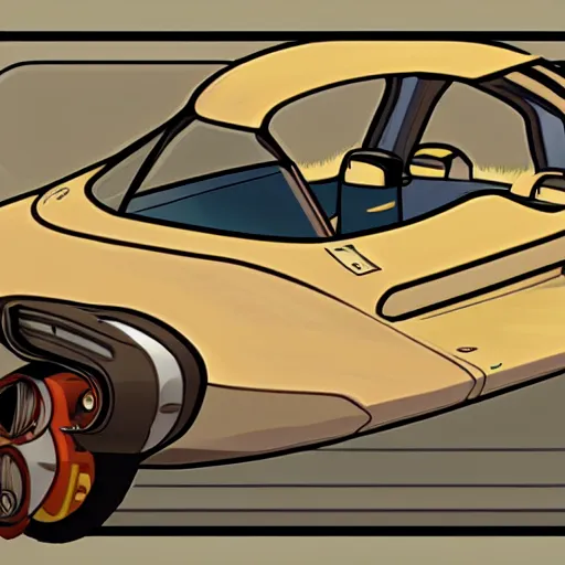 Image similar to deponia art style retrofuturism car concept