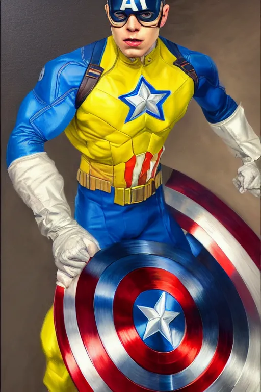 Image similar to hyperrealistic painting of Captain America in blue and yellow colors, oil on canvas, in the style of J.C. Leyendecker, Ross Tran and WLOP, 4k, smooth, sharp focus, extremelydetailed