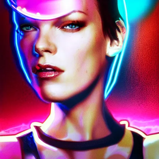 Image similar to milla jovovich as leeloo portrait in the foreground of digital art scifi sharp neon city