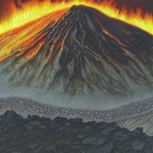 Image similar to poutine ( the canadian meal ) from ngauruhoe ( mount doom ), lava texture, char texture, volcano texture, fire texture, by alan lee, by john howe