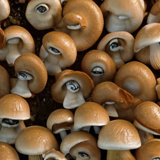 Prompt: clustered eyeballs protruding from a mushroom cap