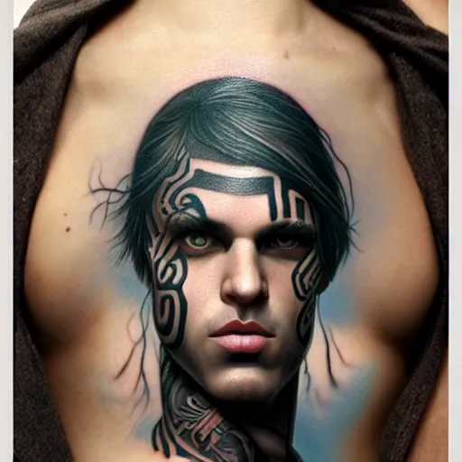 Prompt: ultra realistic portrait painting of a perfect handsome man green eyes black and grey hair, neck tribal snake tattoo, painted by Tristan Eaton Stanley Artgerm and Tom Bagshaw