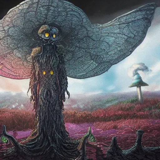 Image similar to 8K Portrait of centered chest up of a psychedelic godlike mothman with giant mandala wings smoking a hand-rolled cigarette smoking heavily , magic mushroom village in background , post-processing , award winning. superb resolution. in the art style of junji Ito and greg rutkowski . Detailed Mushroom city in background. Hyper realistic anime. Perfect art. Dalle2