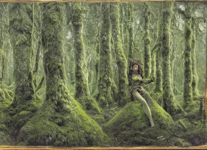 Image similar to a mossy wood with trolls and elves, in the style of John Bauer,