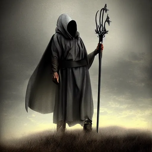 Prompt: a man in a grey cloak holding his black spear up to the sky, Digital art