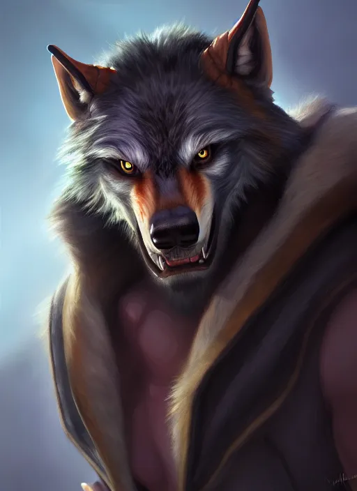 Image similar to portrait painting of werewolf, acrylic, daz. detailed, portrait, oil painting, artstation, unreal 5, hd, artgerm, dnd, rpg