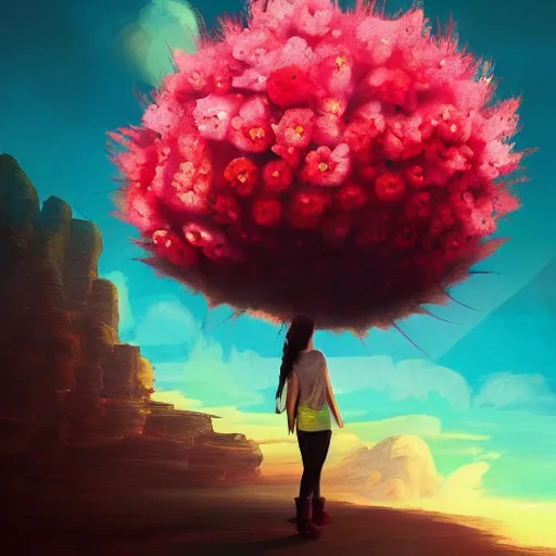 Image similar to giant cherry flower as a head, girl walking in a canyon, surreal photography, sunrise, dramatic light, impressionist painting, colorful clouds, digital painting, artstation, simon stalenhag