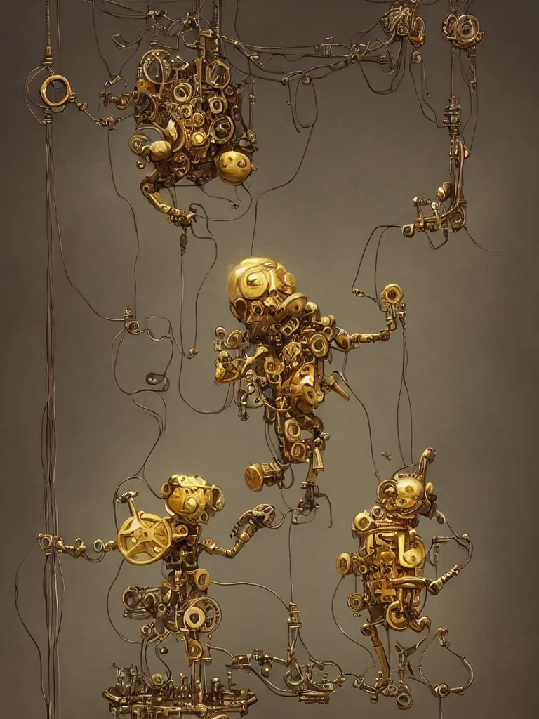 Image similar to mechanical clockwork character made of gold and hanging by wires in a dark room, created by peter mohrbacher, photorealistic, puppet, strings, 8 k