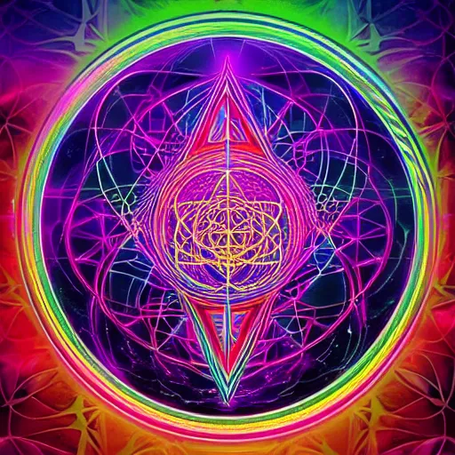 Image similar to mystical psychedelic poster with shaded lighting in the style of andriod jones, radiant light, detailed and complex environment, beautiful, utopic astral city in the sky with many buildings and temples reflecting a modern city on the ground with old growth pine trees, overlaid sacred geometry, flower of life, with implied lines, gradient of hot pink and neon baby blue