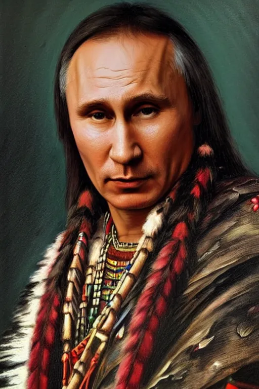 Image similar to Photo of Native American indian man Vladimir Putin, portrait, skilled warrior of the Apache, ancient, realistic, detailed, Emma Watson