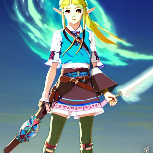 Image similar to a beautiful! young feminine link from botw, wearing japanese catholic school girl outfit with mayan pattern and native style, aztec street fashion, guilty gear art direction, perfect anime face, gapmoe yandere grimdark, trending on pixiv fanbox, painted by greg rutkowski makoto shinkai takashi takeuchi studio ghibli, akihiko yoshida