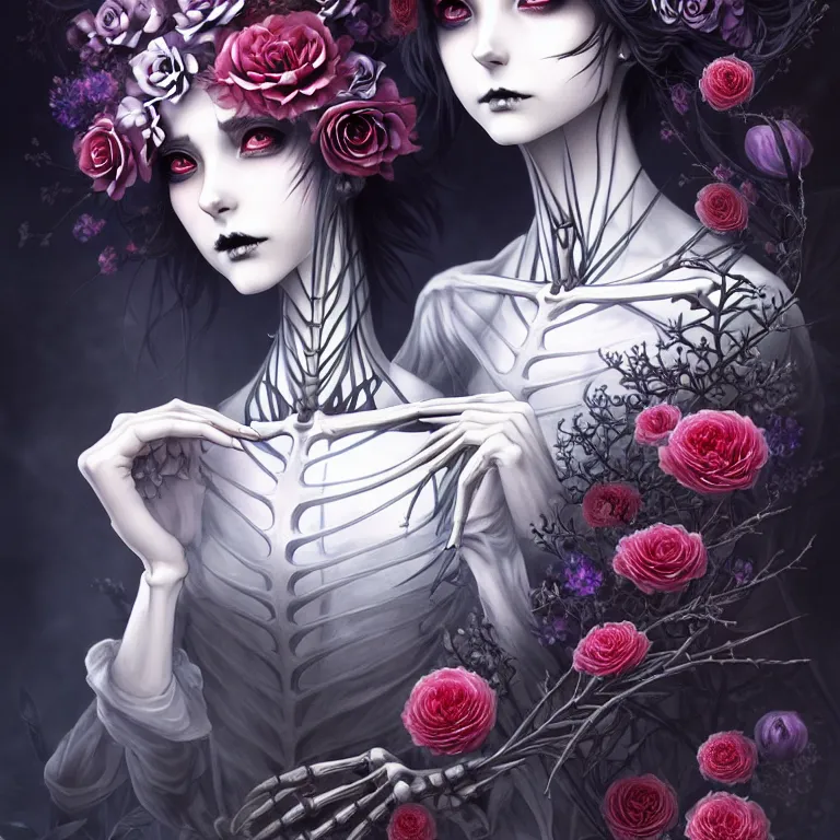 Image similar to stunning anime goddess hybrid skeleton of the floral river flowers, beautiful gothic dress in a dark romance, misty, by cgsociety, in the style of charlie bowater, tom bagshaw, intricate, beautiful, artstation 8 k, high resolutionsparkling atom fractals of jewls cords, by alex grey and hr giger