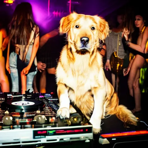 Image similar to a photograph of a DJ golden retriever dog, playing at a nightclub