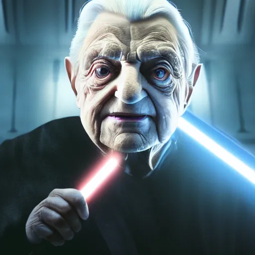 Prompt: Portrait of George Soros as darth sidious from starwars, splash art, movie still, cinematic lighting, dramatic, octane render, long lens, shallow depth of field, bokeh, anamorphic lens flare, 8k, hyper detailed, 35mm film grain