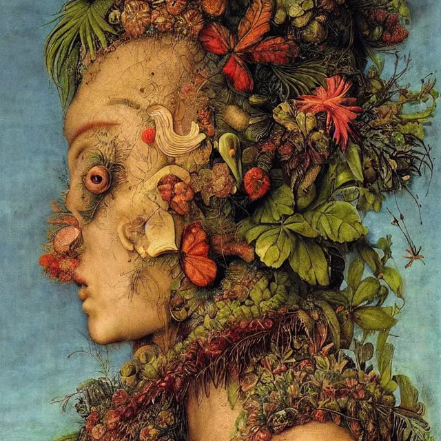 Image similar to a beautiful profile portrait of a woman, leaves, by giuseppe arcimboldo,, psychedelic, surreal, dreamlike, environmental friendly, nature.