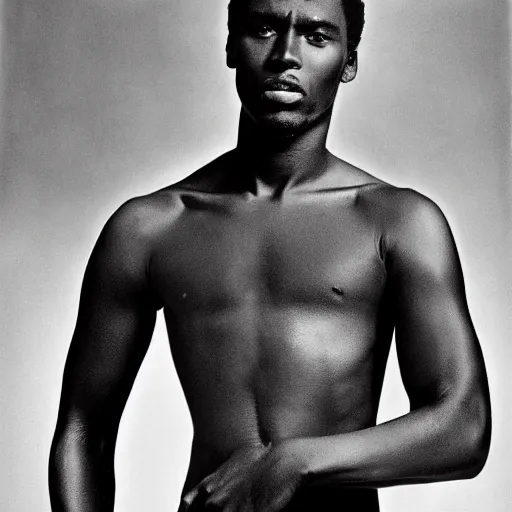 Image similar to the handsome african male model and the black panther, black and white, by richard avedon,