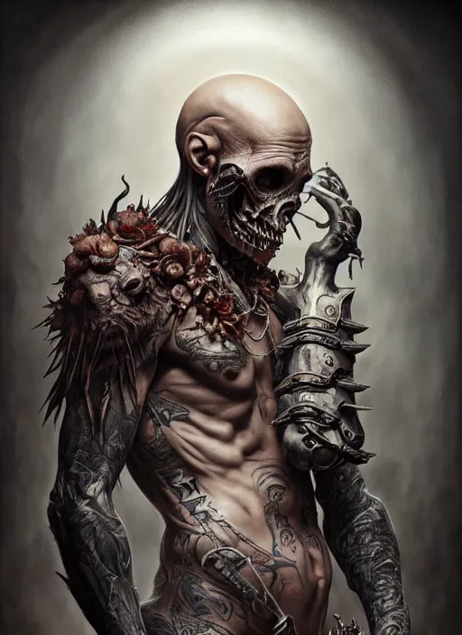 Image similar to ultra realistic, male human predator, goth, tattoos, leather, fantasy, flesh, bone, body horror, intricate details, eerie, highly detailed, octane render, 8 k, art by artgerm and alphonse mucha and greg rutkowski