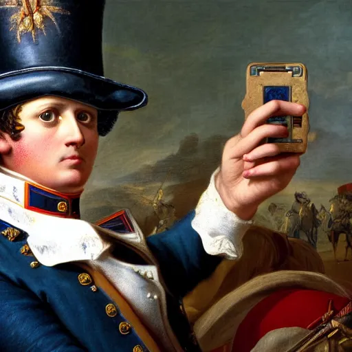Image similar to napoleon taking a selfie at waterloo, realistic, nikon