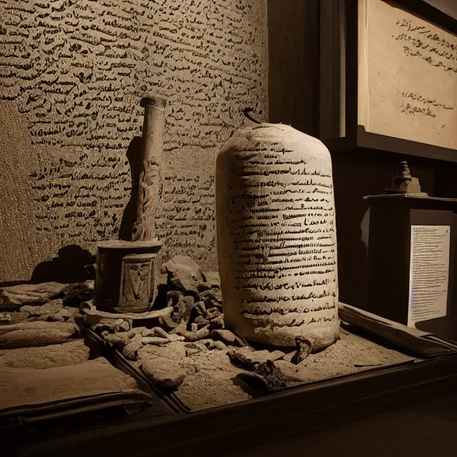 Image similar to a photo of a museum display showing a cylindrical clay jar, holding a dead sea scroll with nabeatean writing, dark, brooding, atmospheric, volume lighting