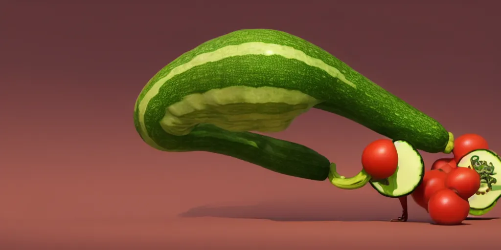 Prompt: detailed 3 d render of a masked zucchini character with arms and legs throwing knives after a frightened tomato burglar, hyper realistic octane render, cinematic lighting, deviantart, frame from independent movie