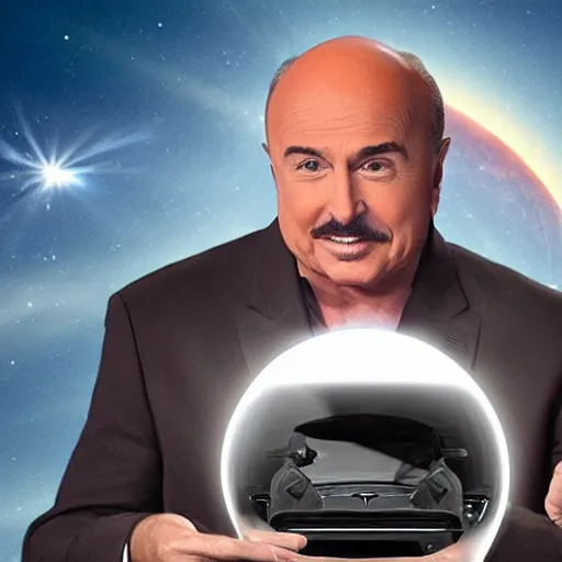 Prompt: dr phil flying around the sun on a tesla rocket n 6