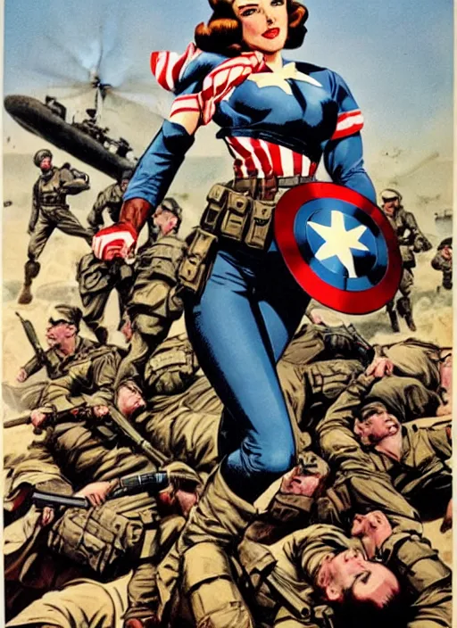 Prompt: beautiful female captain america standing on a pile of defeated german soldiers. feminist captain america wins wwii. american wwii propaganda poster by james gurney. gorgeous face. tactical gear. overwatch