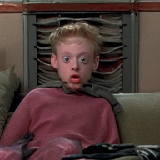 Prompt: kevin from movie home alone sitting in a basement and all body covered by spider webs