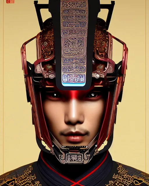 Image similar to portrait of a masculine male cyberpunk machine, machine face, upper half portrait, decorated with chinese opera motifs, asian, fine china, wuxia, traditional chinese art, intricate, elegant, highly detailed, symmetry, headpiece, digital painting, artstation concept art smooth sharp focus, illustration, art by artgerm and greg rutkowski alphonse mucha 8 k