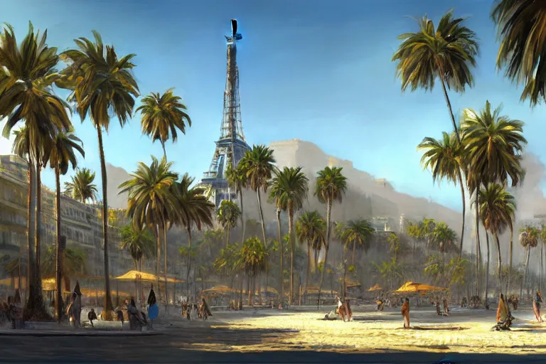 Image similar to landscape of the beautiful city of paris rebuilt near the pacific ocean in sunny california, amazing weather, sandy beach, palm trees, splendid haussmann architecture, digital painting, highly detailed, intricate, without duplication, art by craig mullins, greg rutkwowski, concept art, matte painting, trending on artstation