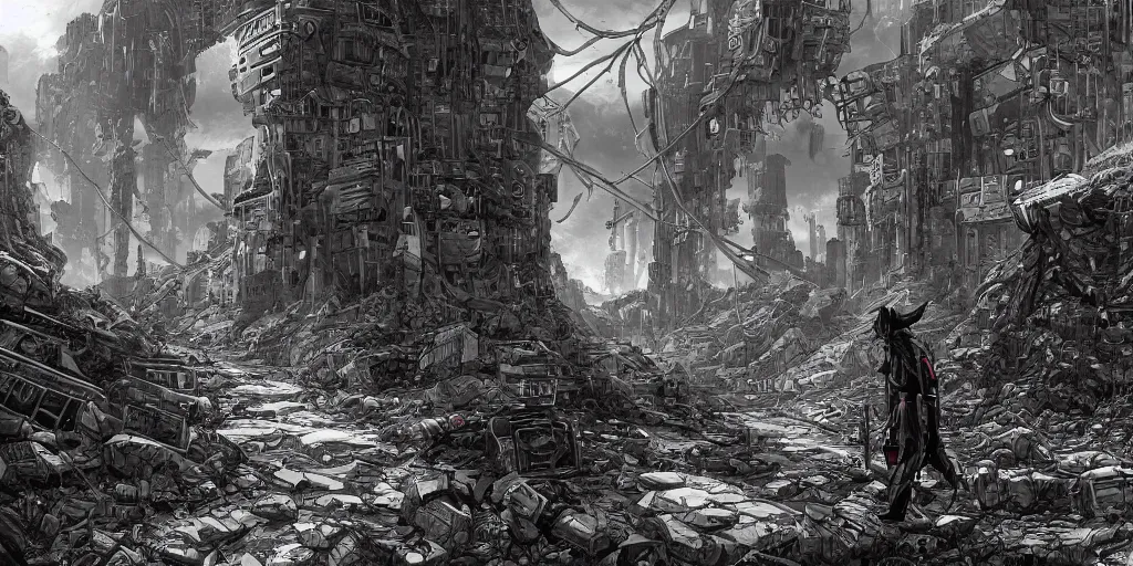 Prompt: A landscape manga illustration of an abandoned brutalist style Ecumenopolis, a man dressed in a black grungy cyberpunk outfit is walking along a narrow pathway on the right side Broken robots, weapons damage, and rubbish, Signs of an ancient battle scattered over scene, to the left is a bottomless chasm and a narrow bridge, Grungy dystopian atmosphere in the style of Tsutomu Nihei, Blame! Killy wanders through a cyber dungeon, epic scale, epic scene, two page spread, with clean linework and fine detal