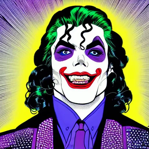 Image similar to dynamic macro head portrait of beautifu michael jackson as the joker in white sequined jacket by john romita sr and cory walker and ryan ottley and jack kirby and barry windsor - smith, comic, illustration, photo real