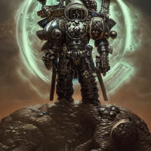 Image similar to photorealistic warhammer 4 0, 0 0 0 in the style of michael whelan and gustave dore. hyperdetailed photorealism, 1 0 8 megapixels, fully clothed, lunar themed attire, amazing depth, glowing rich colors, powerful imagery, psychedelic overtones, 3 d finalrender, 3 d shading, cinematic lighting, artstation concept art