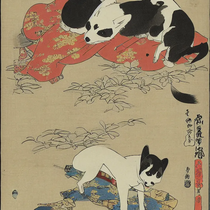 Image similar to a shiba-inu-samurai waking up from a nap, artwork on loan from the historical dog society of japan, by Utagawa Kuniyoshi