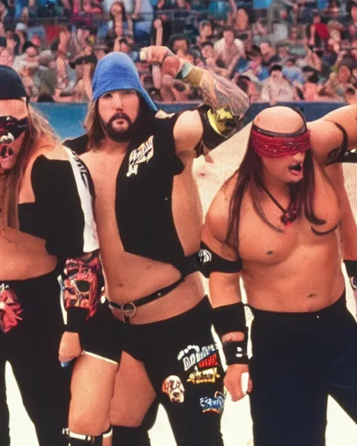 Prompt: Jay and Silent Bob Vs The Road Warriors Vs NWA for the WCW world tag team titles at Bash at the Beach 1989